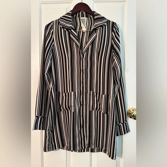 Retro FREE PEOPLE Vertical Stripe Shirt Dress Black Cream Size Small Button Down - Picture 1 of 10